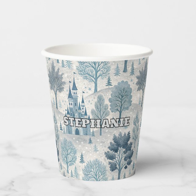 Whimsical Winter Castle Landscape in Blue & Grey Paper Cups (Front)