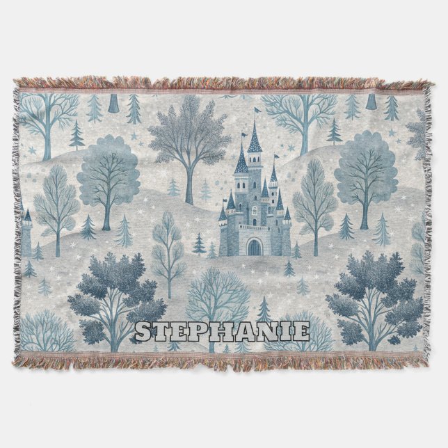 Whimsical Winter Castle Landscape in Blue & Grey Throw Blanket (Front)