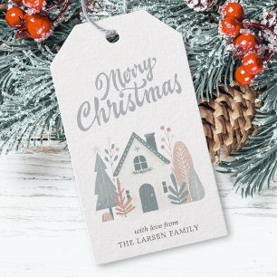 Whimsical Winter Christmas House Watercolor Gift Tags