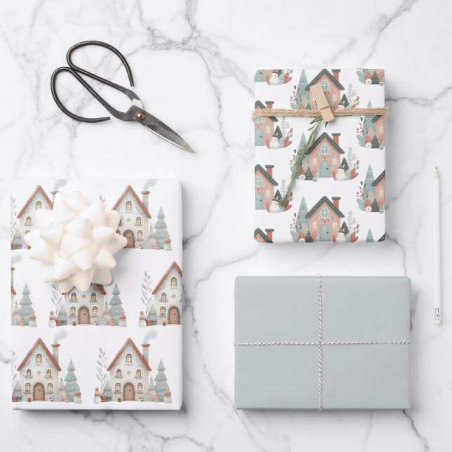 Whimsical Winter Christmas House Watercolor Wrapping Paper Sheet (Front)
