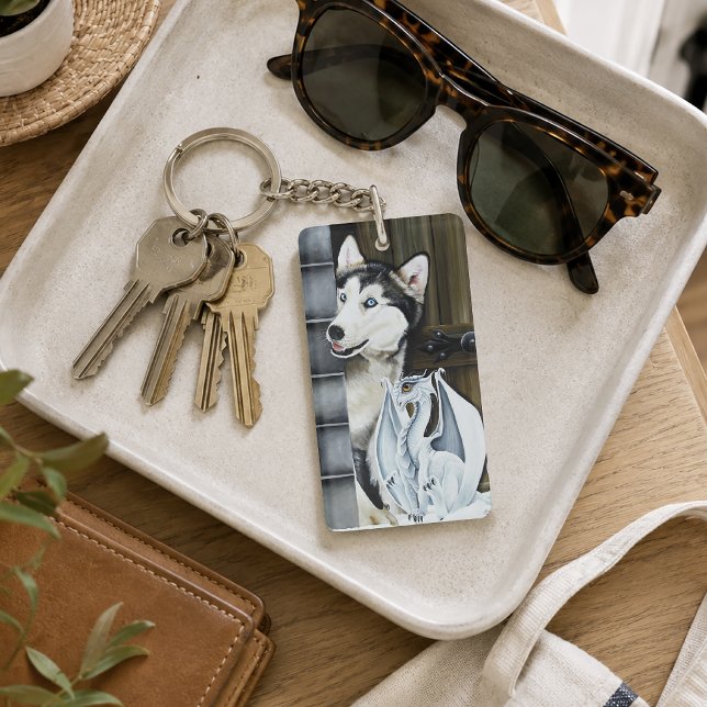 Whimsical Winter Fantasy Husky Dog Dragon Castle Key Ring (Creator Uploaded)