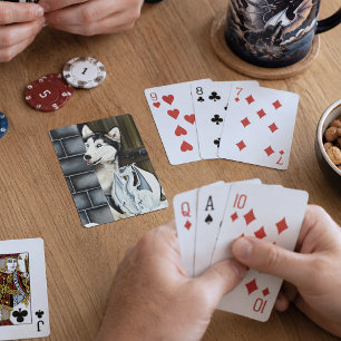 Whimsical Winter Fantasy Husky Dog Dragon Castle Playing Cards