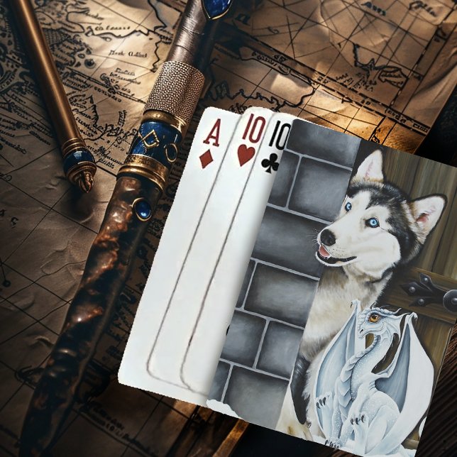 Whimsical Winter Fantasy Husky Dog Dragon Castle Playing Cards (Creator Uploaded)