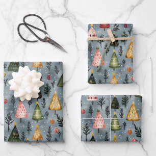 Whimsical Winter Forest Christmas Tree Pattern Wrapping Paper Sheet