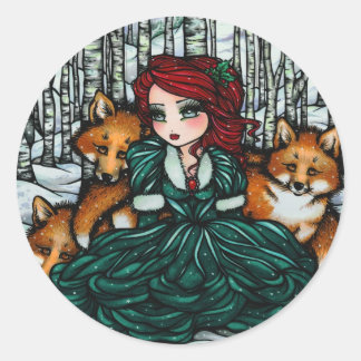 Whimsical Winter Fox Trees Fantasy Fairy Comic Art Classic Round Sticker