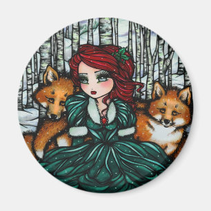 Whimsical Winter Foxes Forest Art by Hannah Lynn Magnet