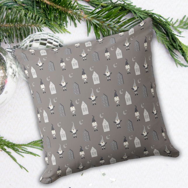 Whimsical Winter Gnomes, Houses and Moon Grey  Cushion (Creator Uploaded)