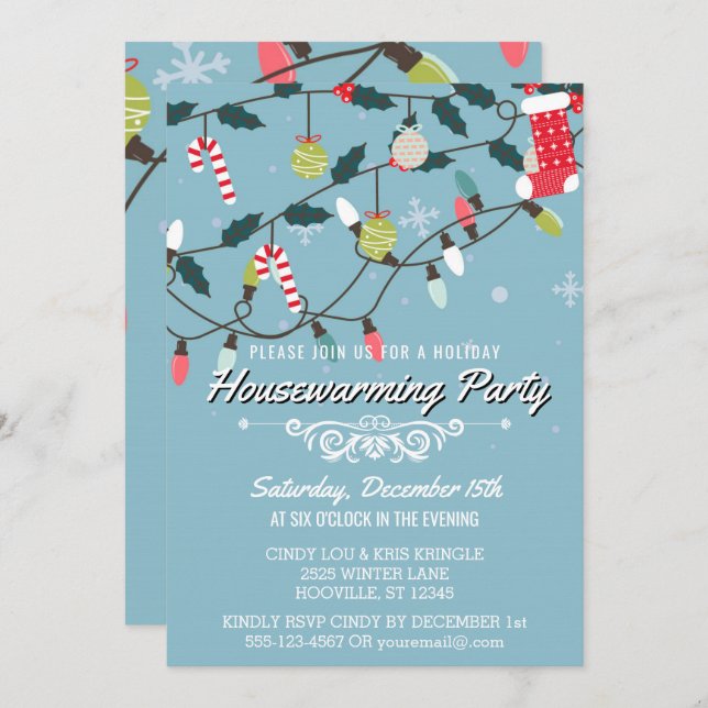 Whimsical Winter Holiday Blue Housewarming Party Invitation (Front/Back)
