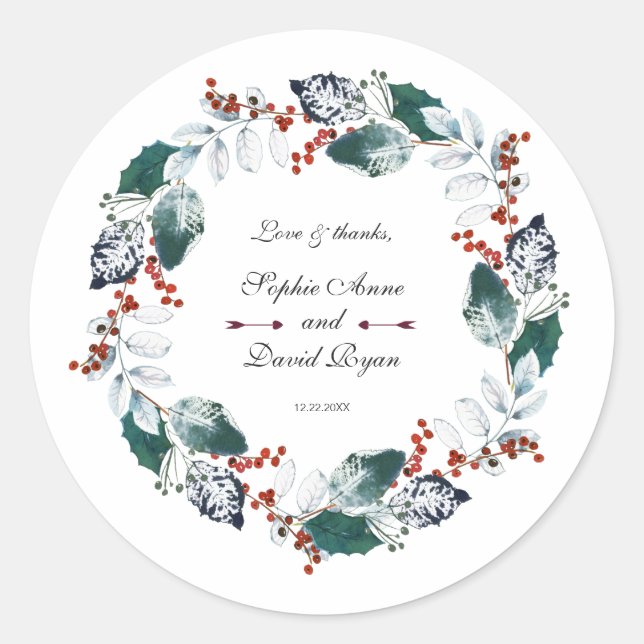 Whimsical Winter Holy Berries Wreath Wedding Classic Round Sticker (Front)
