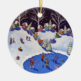 Whimsical Winter Ice Skaters Sled Riders Ornament