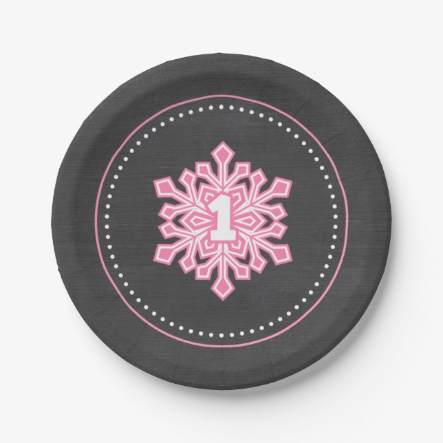 Whimsical Winter Onederland Snowflake Birthday Pin Paper Plate (Front)