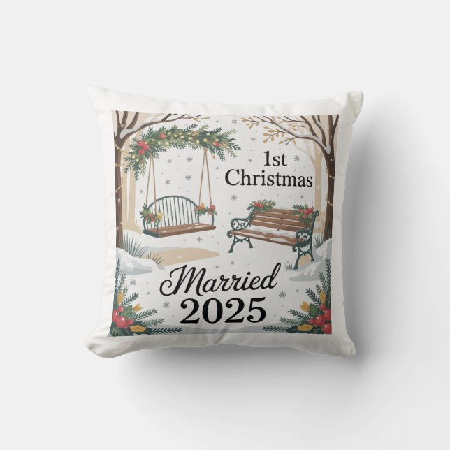 Whimsical Winter Park Our First Christmas Married  Cushion (Front)
