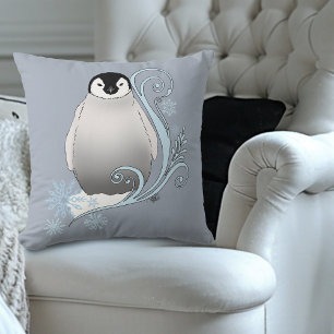 Whimsical Winter Penguin Art Nouveau Snowflakes Cushion
