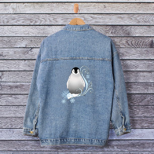 Whimsical Winter Penguin Art Nouveau Snowflakes Denim Jacket