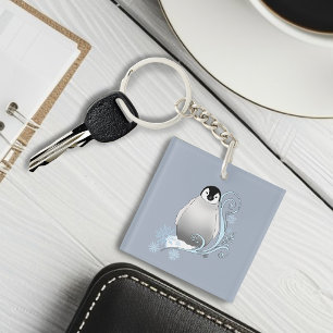 Whimsical Winter Penguin Art Nouveau Snowflakes Key Ring