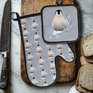 Whimsical Winter Penguin Art nouveau Snowflakes Oven Mitt & Pot Holder Set