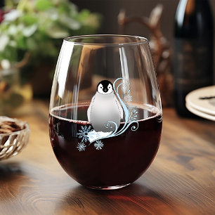 Whimsical Winter Penguin Art Nouveau Snowflakes Stemless Wine Glass