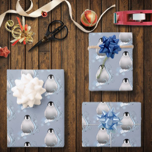 Whimsical Winter Penguin Art Nouveau Snowflakes Wrapping Paper Sheet