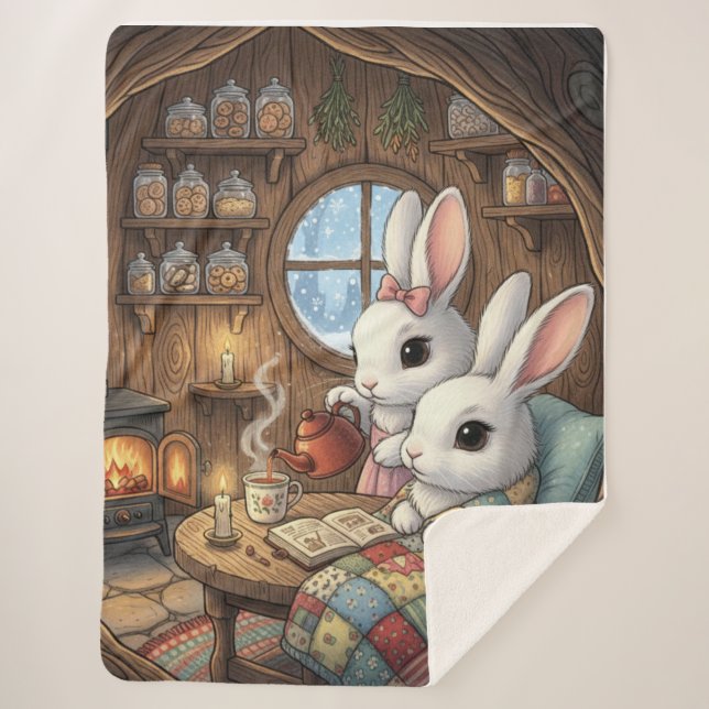 Whimsical Winter Rabbit Sanctuary Sherpa Blanket (Front)