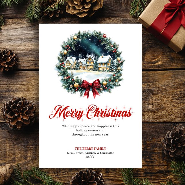 Whimsical Winter Scene Red Green Greeting Card (Whimsical Winter Scene Red Green Greeting Card)