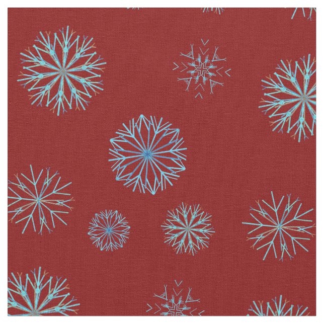 Whimsical Winter Snowflake Pattern Dark Red,  Teal Fabric (Close Up)