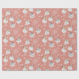 Whimsical Winter Snowmen at Play Muted Coral Pink Wrapping Paper
