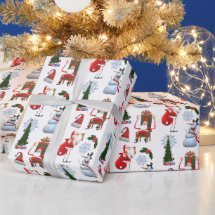 Whimsical Winter Tree with Santa and Snowman Wrapping Paper