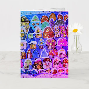 Whimsical Winter Village Colourful Folk Art Foil Greeting Card