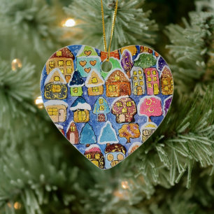 Whimsical Winter Village Folk Art Metal Christmas Ceramic Tree Decoration