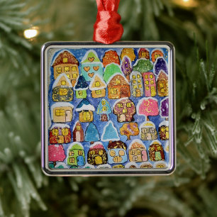 Whimsical Winter Village Folk Art Metal Christmas Tree Decoration