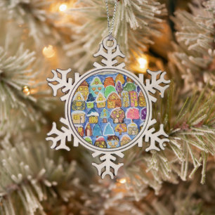 Whimsical Winter Village Folk Art Snowflake Pewter Christmas Ornament