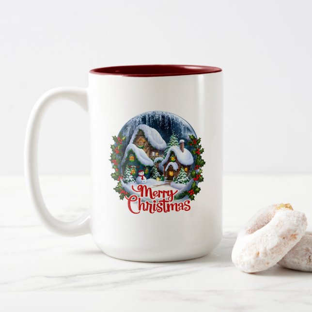 Whimsical Winter Village Snow Globe Two-Tone Coffee Mug (With Donut)