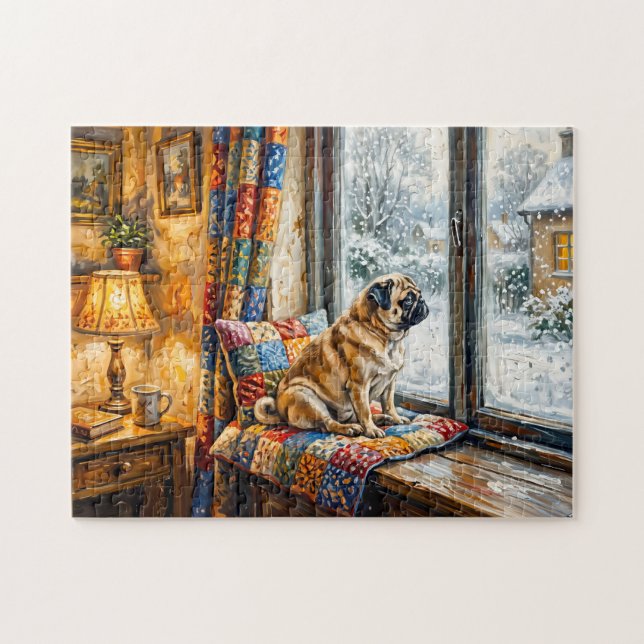 Whimsical Winter Window Seat Mops Illustration Jigsaw Puzzle (Horizontal)