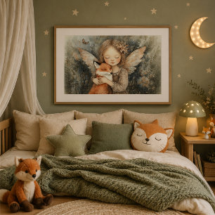 Whimsical Winter Woodland Fairy & Fox Nursery Art Poster