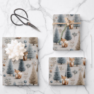 Whimsical Winter Woodland Fox and Christmas Tree  Wrapping Paper Sheet