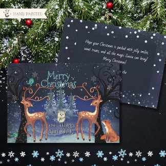 Whimsical Winter Woodland Reindeer Christmas Holiday Card