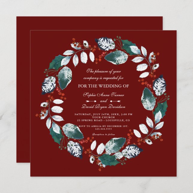 Whimsical Winter Wreath Burgundy Wedding Invitation (Front/Back)