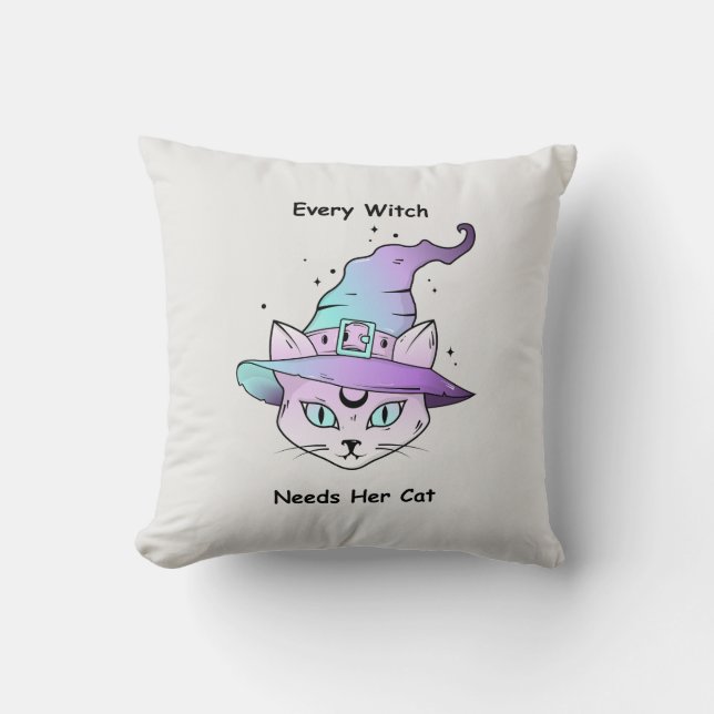 Whimsical Witch Cat Cushion (Front)