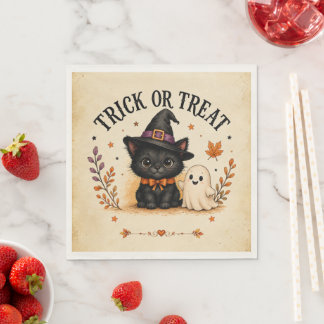 Whimsical Witch Cat & Ghost Trick or Treat Napkin