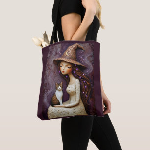 Whimsical Witch Cat Halloween Moon Tote Bag