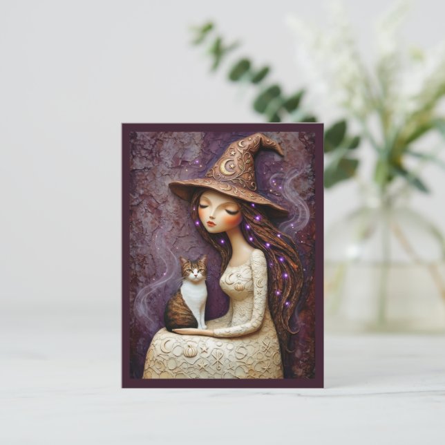 Whimsical Witch Cat Halloween Mystical Moon Postcard (Standing Front)
