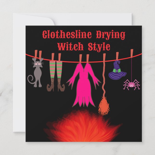 Whimsical Witch Clothesline Halloween Graphic Art Card (Front)