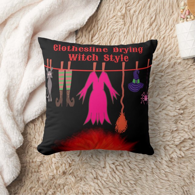 Whimsical Witch Clothesline Halloween Graphic Art Cushion (Blanket)