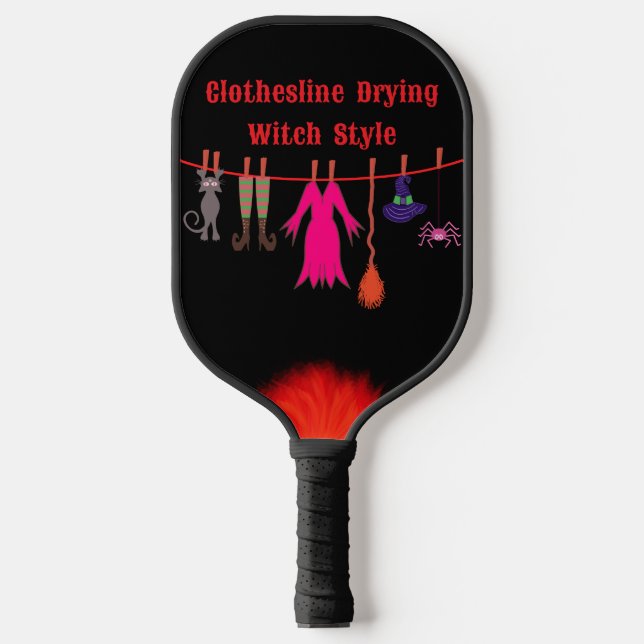 Whimsical Witch Clothesline Halloween Graphic Art Pickleball Paddle (Front)