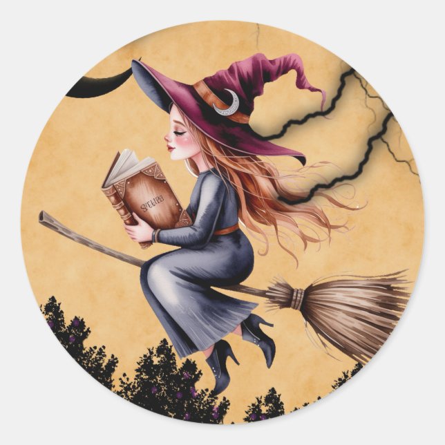 Whimsical Witch Flying Broom Girl Birthday Party Classic Round Sticker (Front)