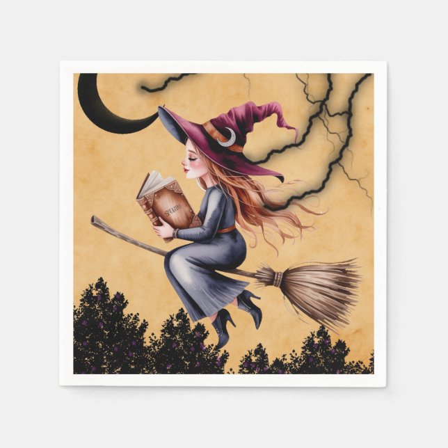 Whimsical Witch Flying Broom Girl Birthday Party Napkin (Front)
