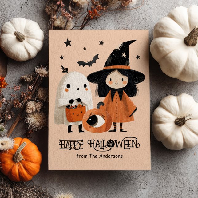Whimsical Witch& Ghost Watercolor Custom Halloween Postcard (Creator Uploaded)