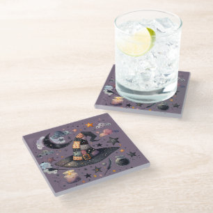 Whimsical Witch Hat and Celestial Magic Glass Coaster