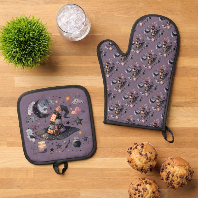Whimsical Witch Hat and Celestial Magic Oven Mitt & Pot Holder Set (Top Down)