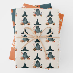 Whimsical Witch& Jack-o-Lanterns Halloween Pattern Wrapping Paper Sheet
